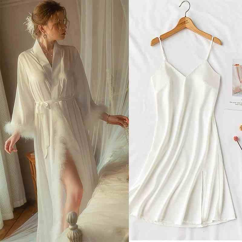 Elegant Satin Feather-Trimmed Robe & Nightdress - Luxury Bridal & Lounge Wear