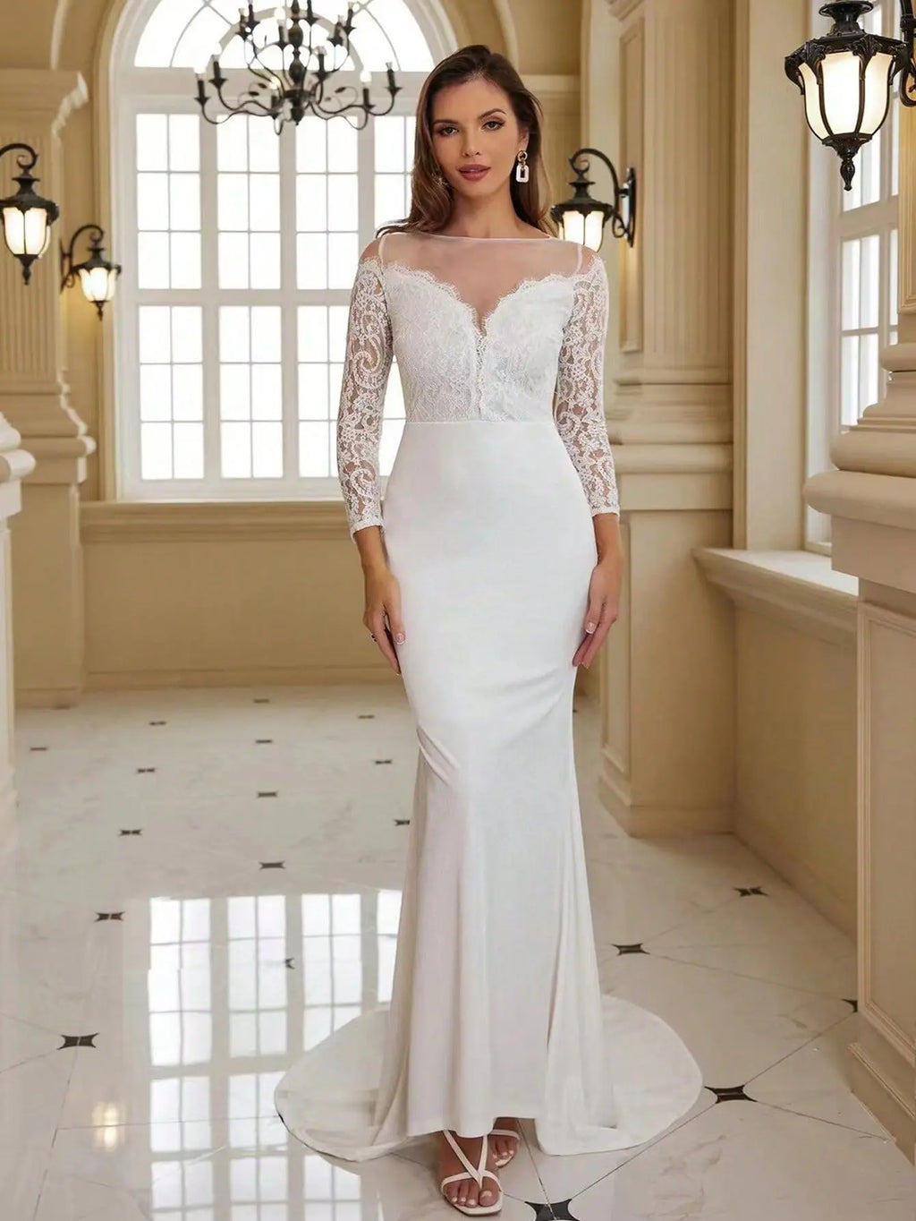 Georgia Plus Size Long Sleeve Lace Train White Wedding Banquet Gown