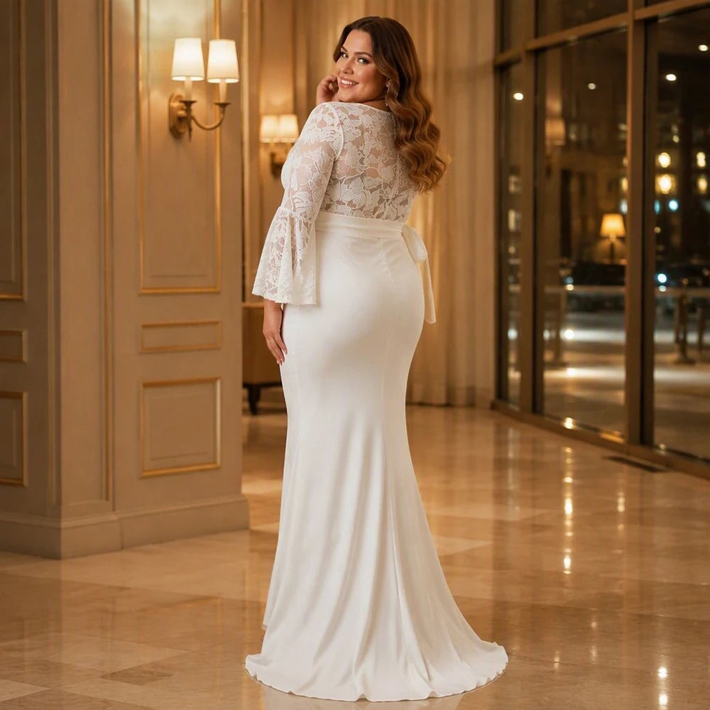 Plus Size Mermaid Sexy Mesh Sheer Embroidery V‑Neck Long Sleeve Slim Fit Maxi Dress