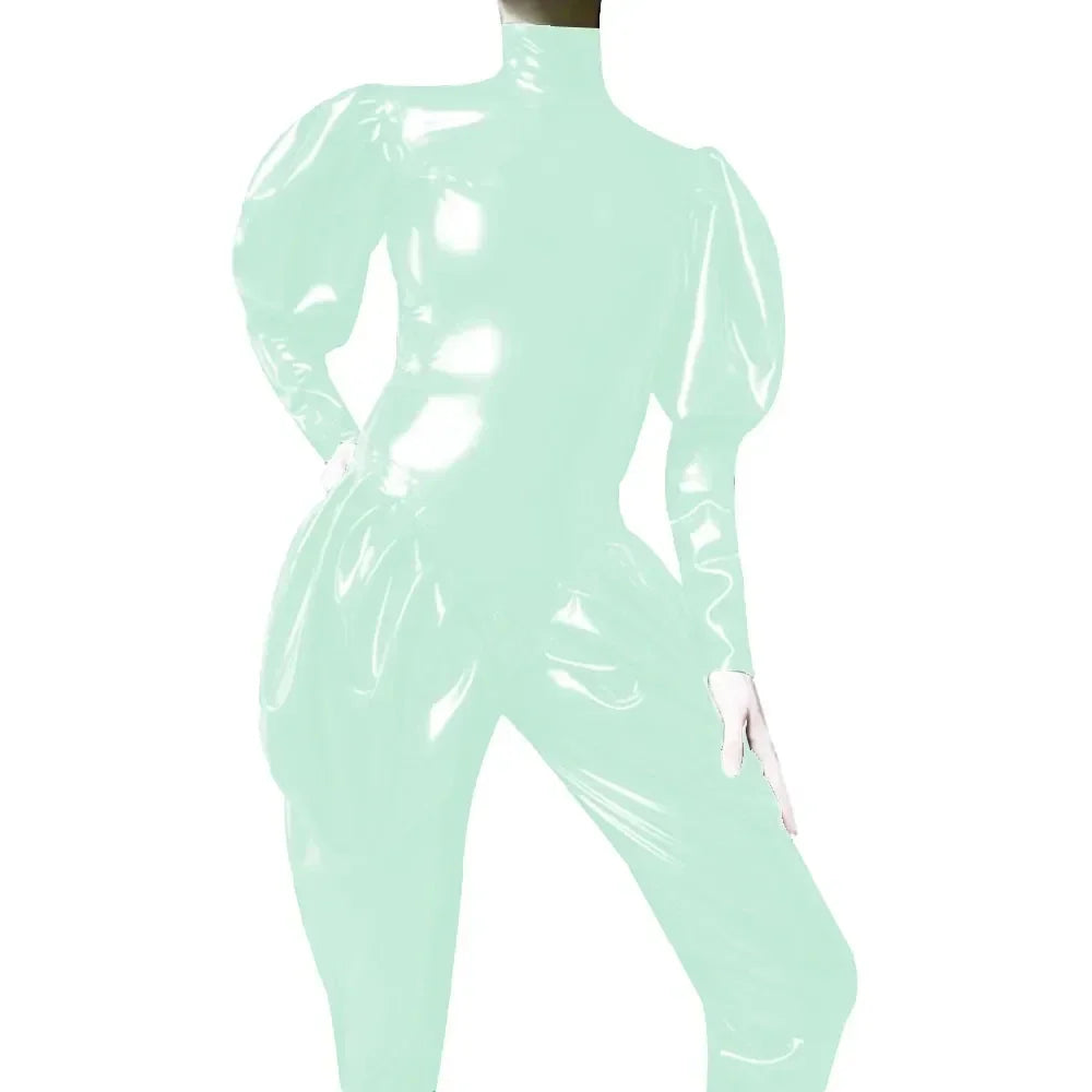 Sleeves Jumpsuit Sexy Zipper Open Crotch Catsuit Party High Neck Wetlook Rompers Female
