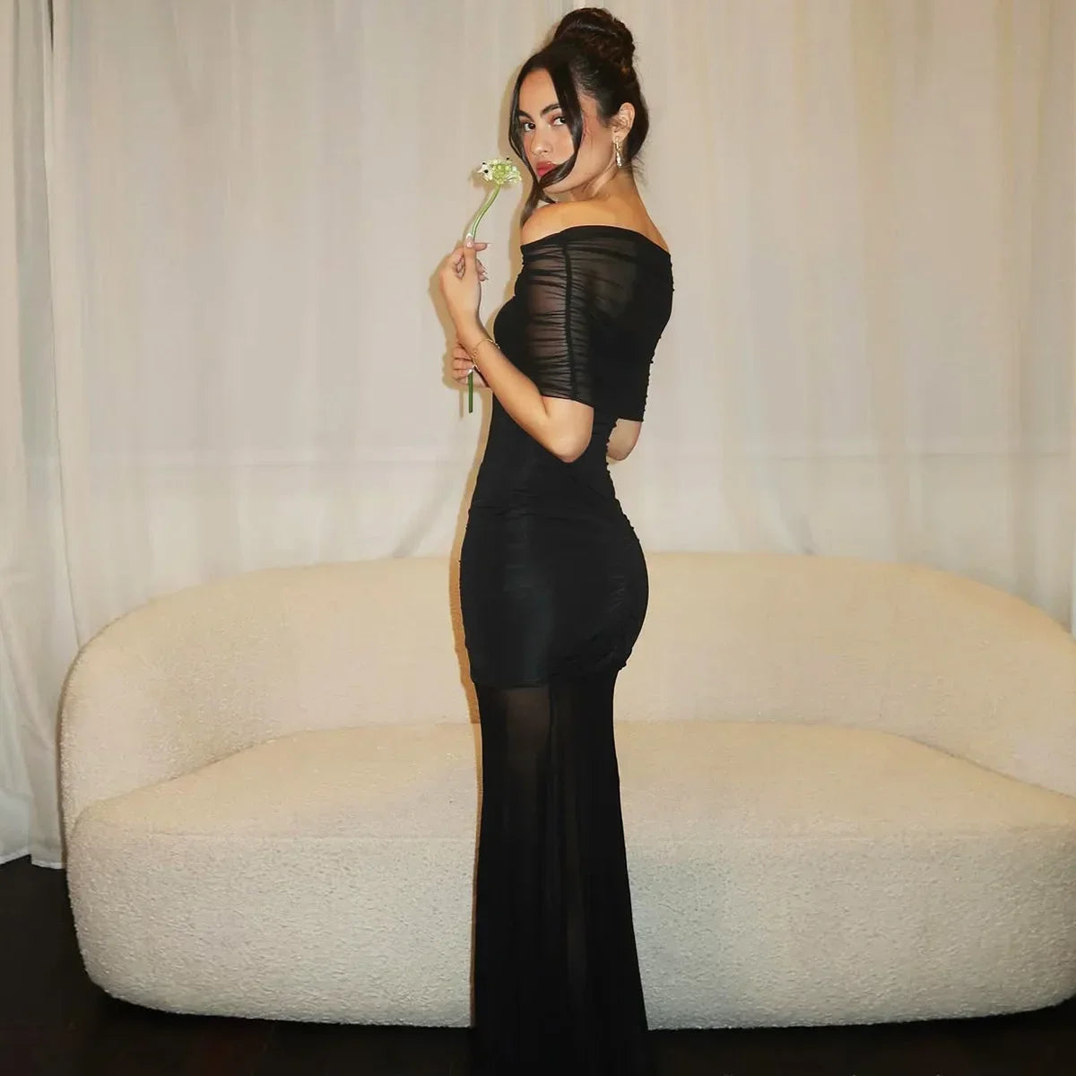 Cowen Off Shoulder Mesh Apricot See Through Ruched Dress