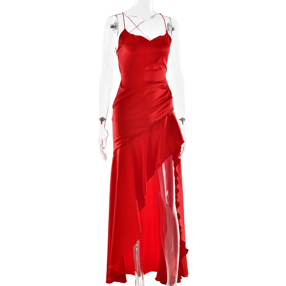 Stony Point Satin Long Dr with High Slit And Lace Trim Charming Dress