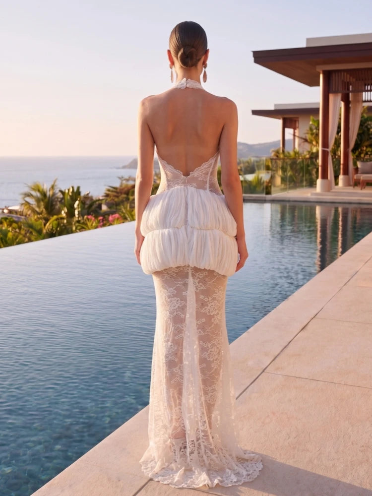 Cotui Sexy Halter Neck Lace Patchwrok Tiered Ruffles Long Backless Slim Dress