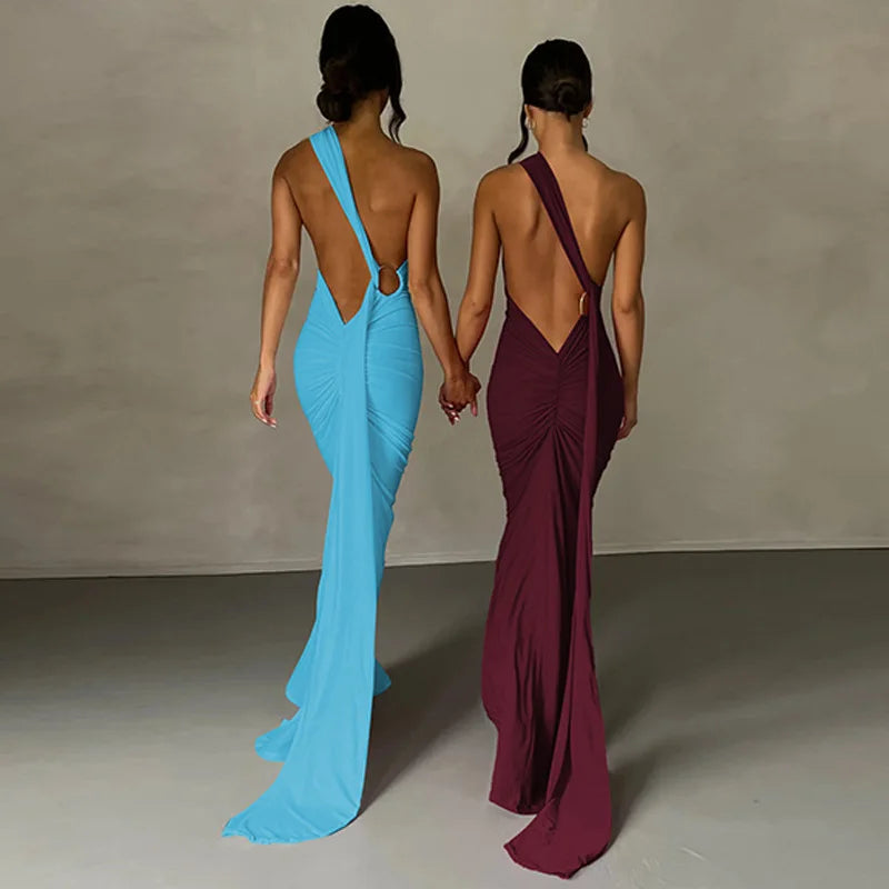 Jefferson One Shoulder Sleeveless Backless Ruched Bodycon Maxi Dress
