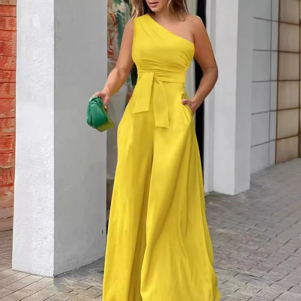 Boardman Solid Color Lace-up Irregular Off-The-Shoulder Casual High Waist Wide Jumpsuit