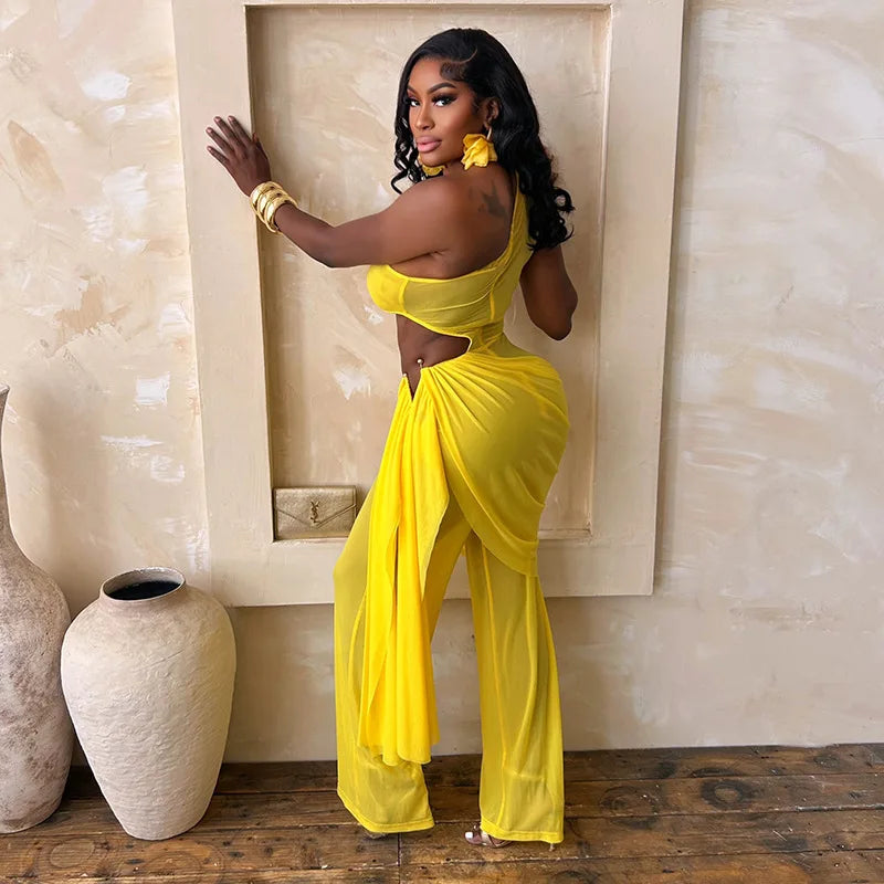 Alabama Mesh See Through One Shoulder Cutout Waist Jumpsuit Draped Overlay