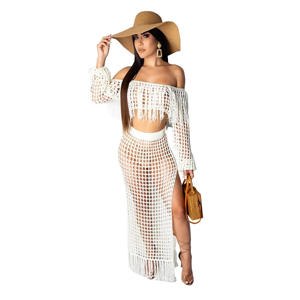 Off Shoulder Tassel Hollow Out Beach Set