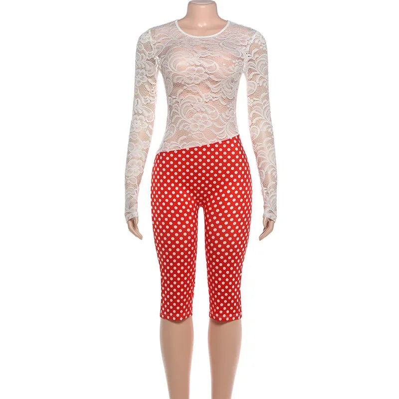 Sunset Park Dots Print Lace Up Halter Backless Skinny Knee Length Jumpsuits