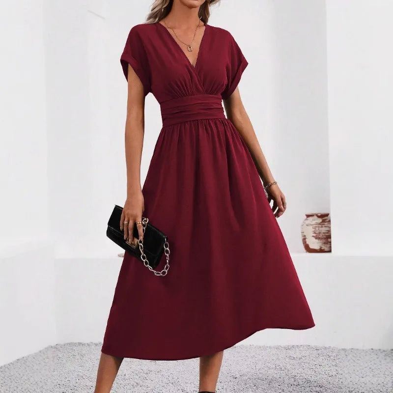Guachupita Solid-Color V Neck Batwing-Sleeve Pleated Long Elegant Dress