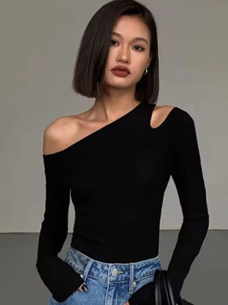 Union City Skew Collar Off Shoulder Long Sleeved T Shirts New Solid Slim Fit Crop Top
