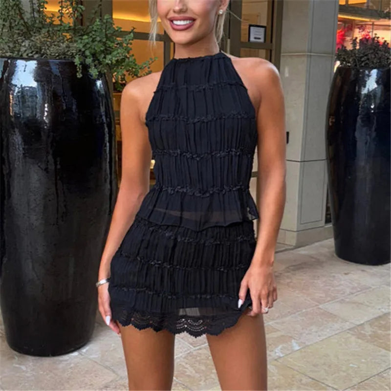 Dinorah Lace Sheer Mesh Ruched Halter Two Piece Sets