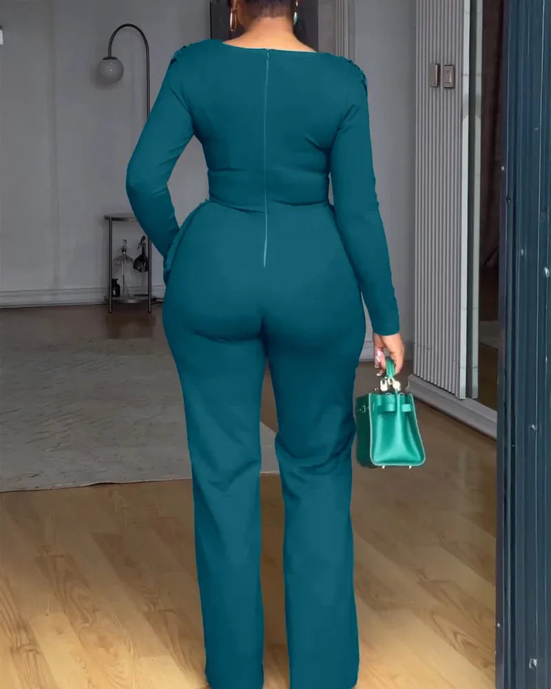 Birmingham Swing Collar Ruched Jumpsuit Long Sleeve Solid Elegant Color