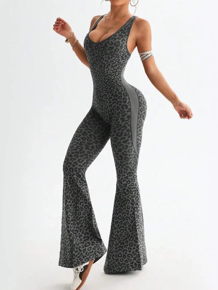 Reading Leopard Sportwear Sleeveless Backless Flare Jumpsuits