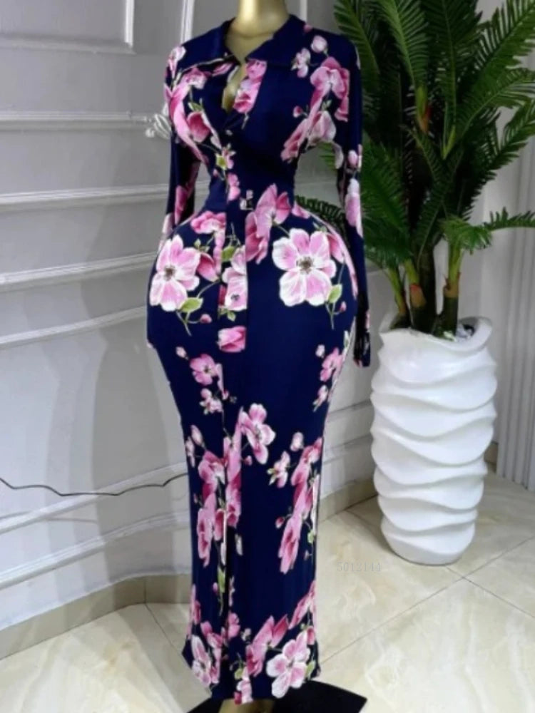 Full Sleeve Floral Print Bodycon Elegant Long Dress