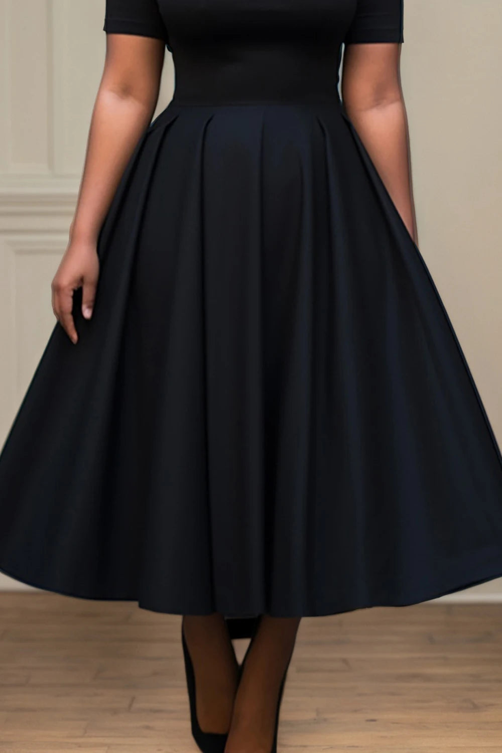 Maine Plus Size Casual Pleated A-Line Basic Round Neck Long Dress