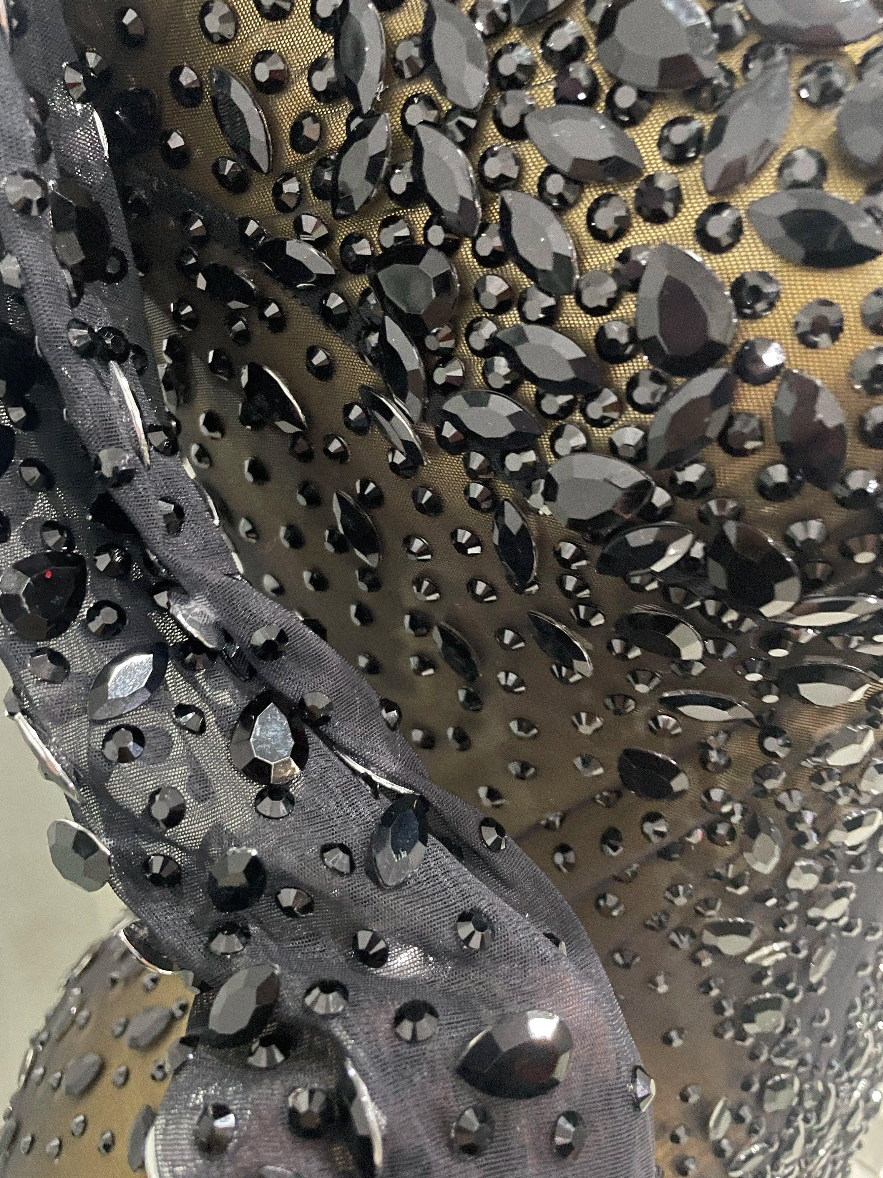 Cumberland Shinny Rhinestone Stretch Mesh Transparent Long Dress