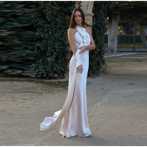Meadville Elegant Ribbon Halter Solid Off Shoulder Sleeveless Backless Slim Maxi Dress