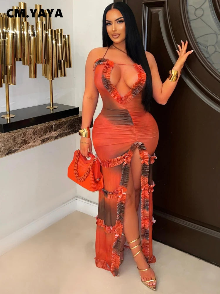 V-neck Strap Tie-dye Print Streetwear Beach Evening Sexy Night Party Split Maxi Dress