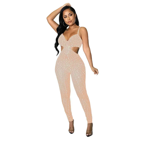 Gramercy Park Fashion Sexy Mesh Perspective Hot Drill Sleeveless Halter Jumpsuit