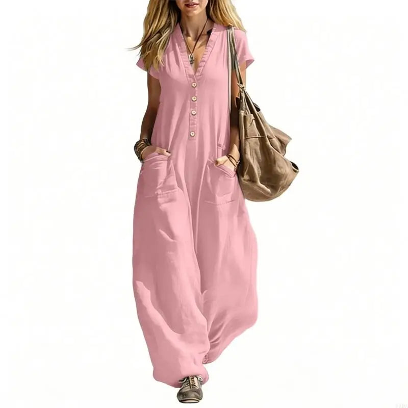 Jumpsuits for Women Linen Button Sleeve Jumpsuits Wide Leg V Neck Rompers Vacation Clothes with Pockets 6XDA