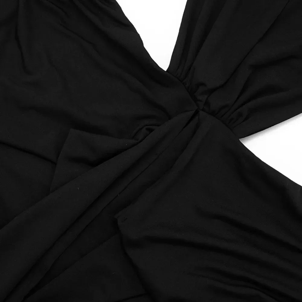 Ancram Hollow Backless Sexy Halter Deep V Neck Sleeveless Ruched Patchwork Dresses
