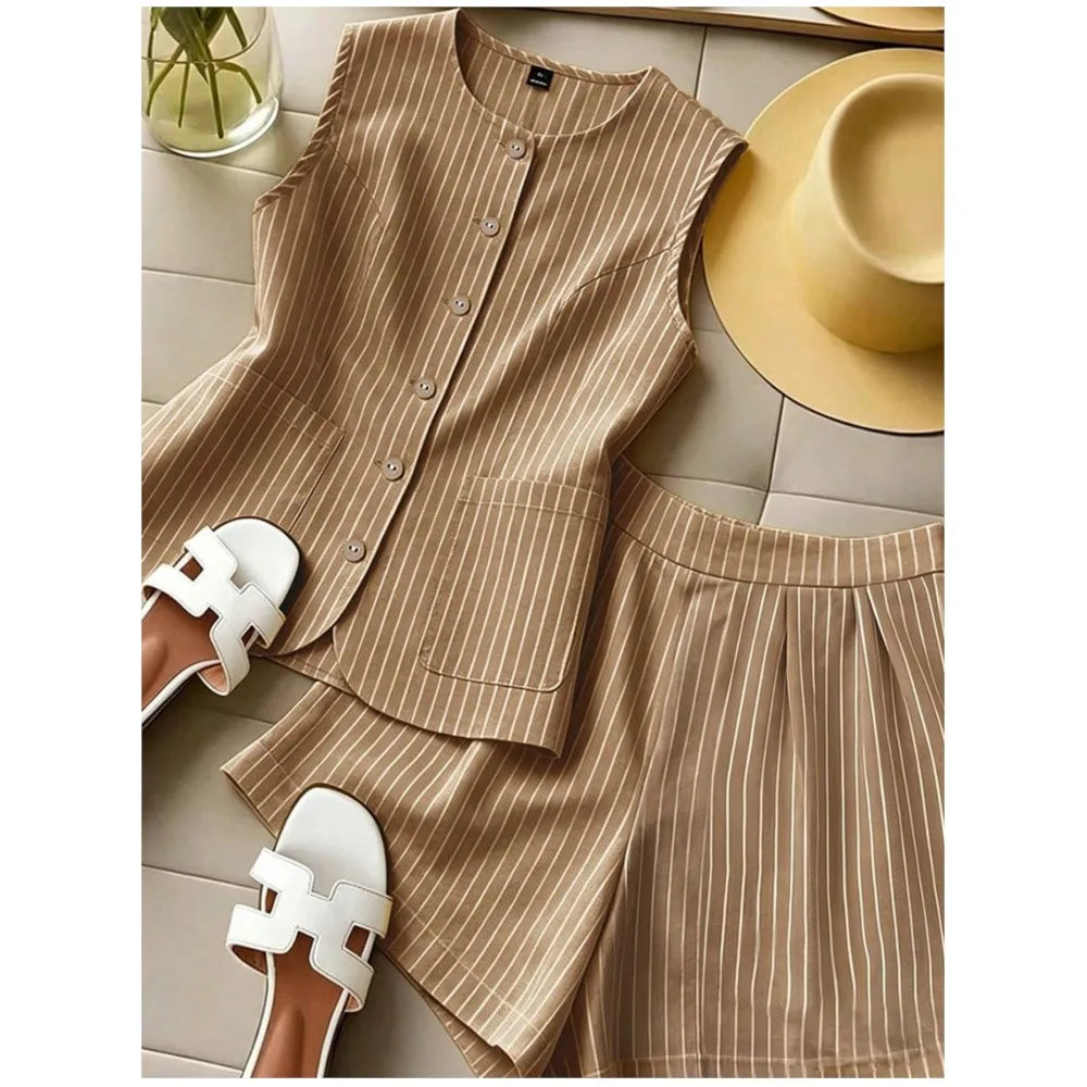 Yudy Summer New Striped Sleeveless Two Piece Sets