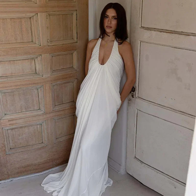 Elkins Mesh Halter Backless Sexy Gown Fashion Elegant V Neck Sleeveless Maxi Dress
