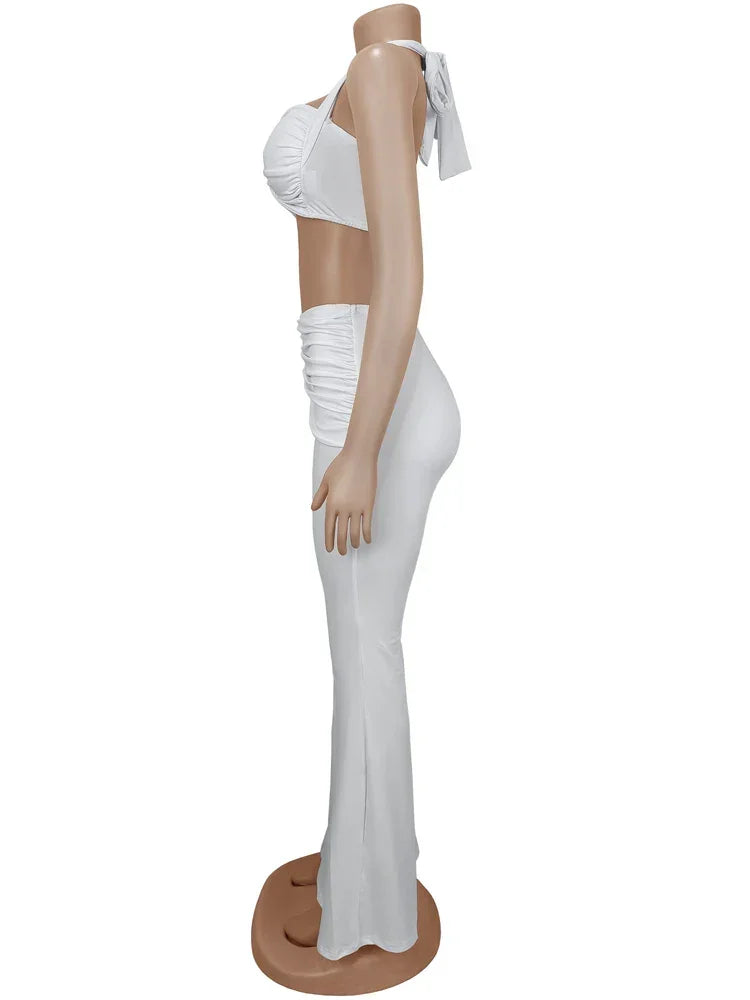 Oneonta Long Straps Wide Legs Ruched Metal Tracksuits Two Piece Set