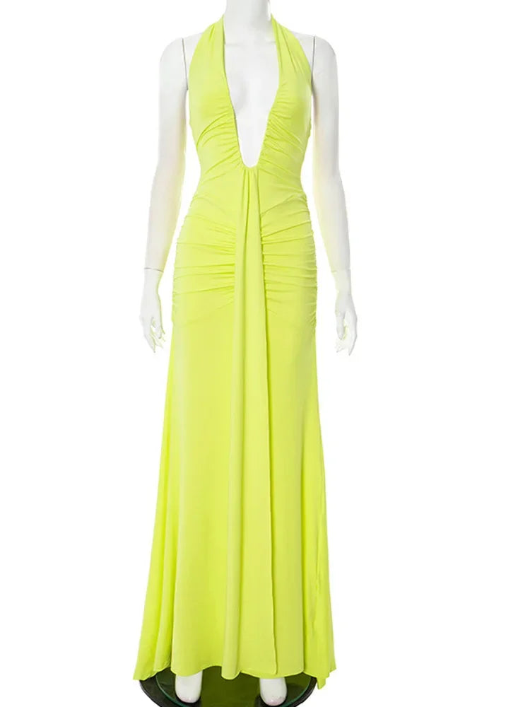 Coney Island Halter Plunging V Neck Ruched Long Straps Maxi Dress