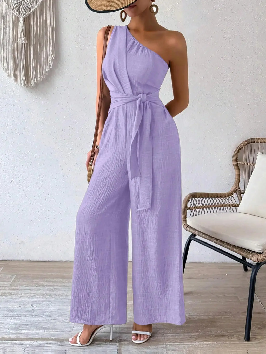 Detroit Fashion Sleeveless Diagonal Collar High Waist Lace-up Wide Leg Jumpsuits