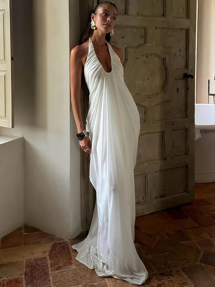 Elkins Mesh Halter Backless Sexy Gown Fashion Elegant V Neck Sleeveless Maxi Dress