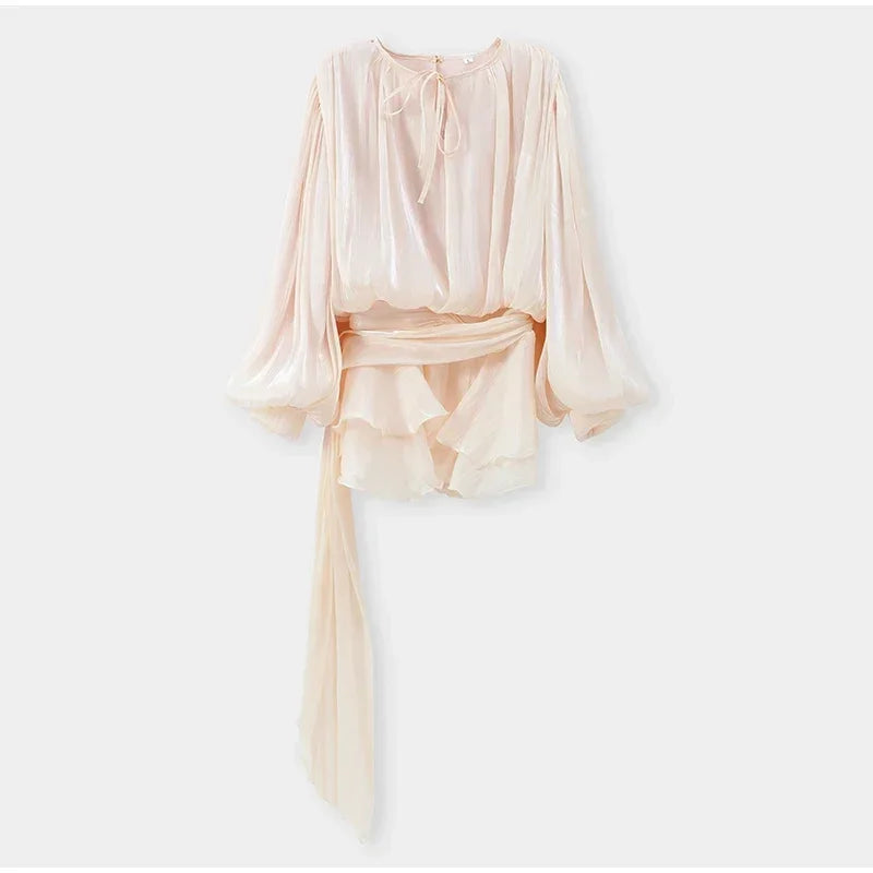 Gillespie Shiny Skinny Pleated Elegant Solid Lace Up Lantern Sleeve Mini Dress