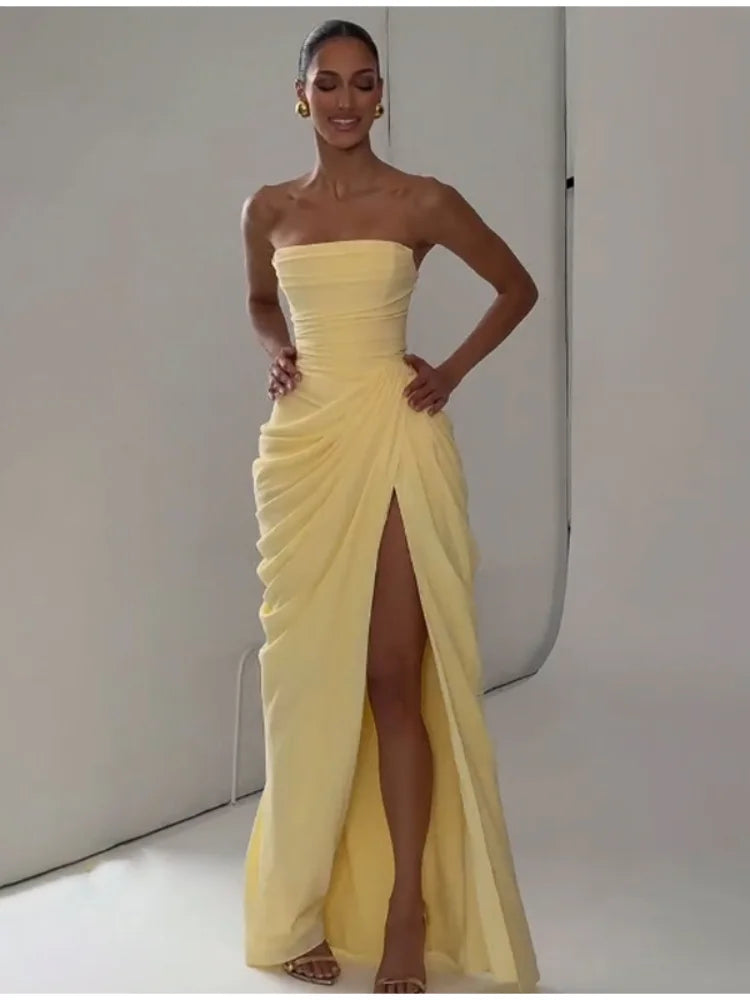 Tapansee Solid Sexy Pleated Strapless Off Shoulder Backless High Waist Split Maxi Dress