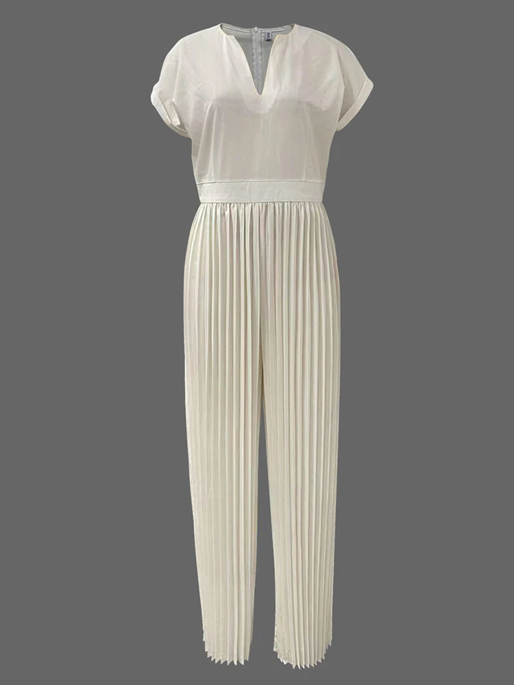 Elegant Pleated Jumpsuits for Women V-Neck Jumpsuits Fashion Summer High Waisted