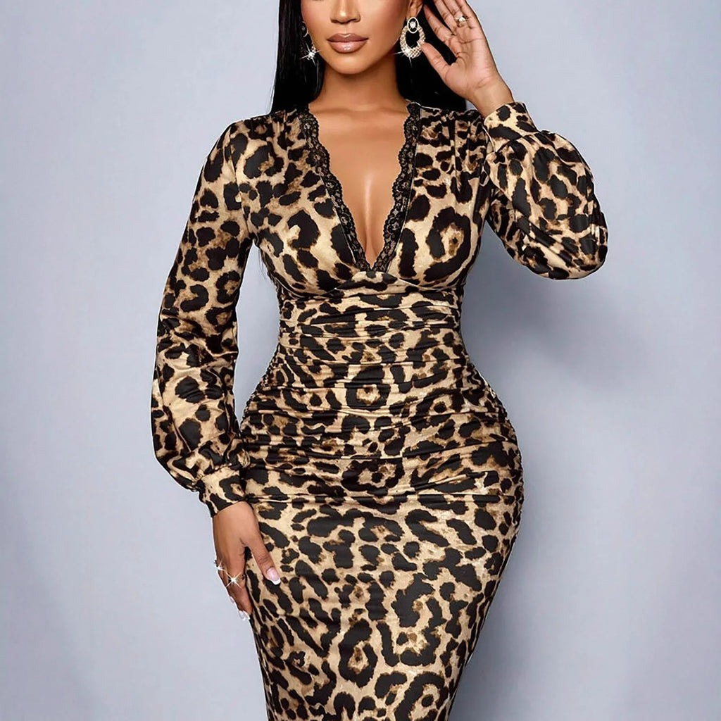 Windsor Terrace Printed V-Neck Lace Long Sleeve High Waist Club Party Midi Dress