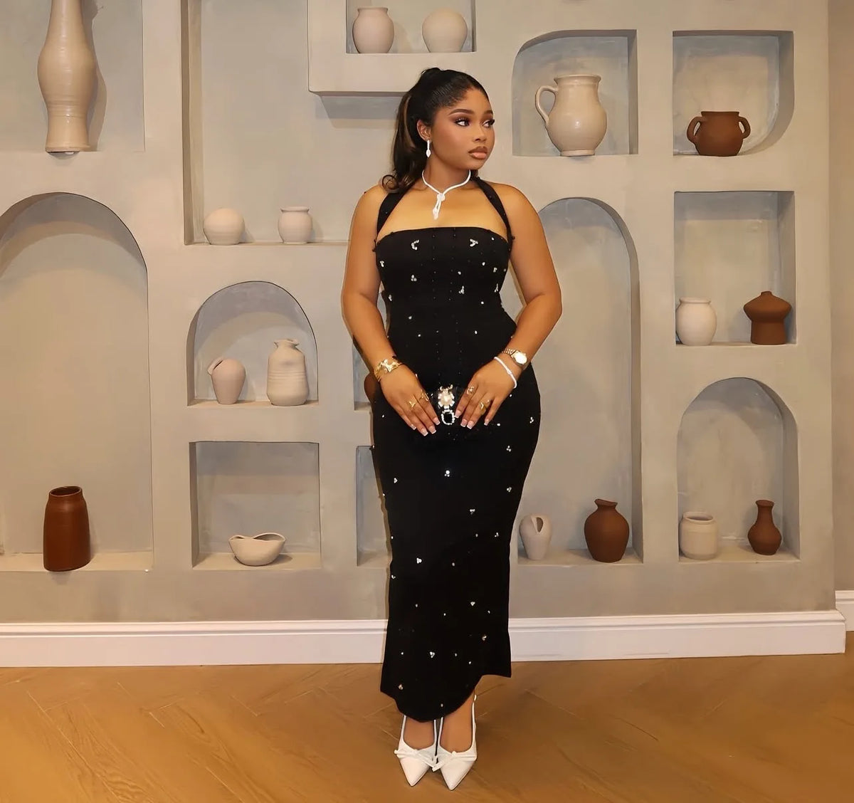 Los Angeles Elegant African Party Evening Sleeveless Polyester Rhinestone Maxi Dress