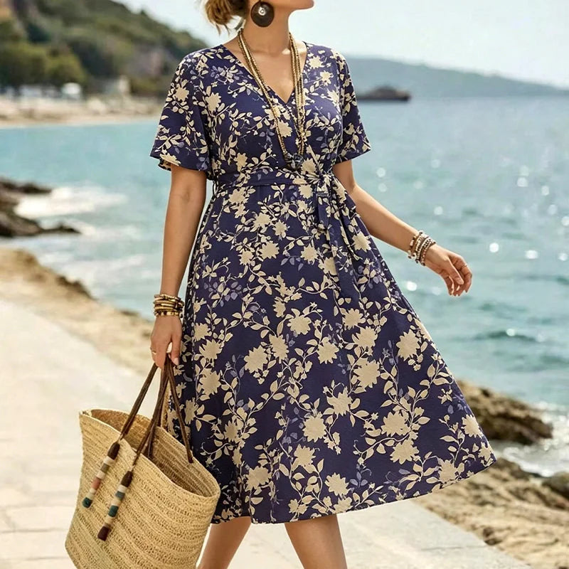 Plus Size Floral Print V-Neck with Pockets And Belt Elegant Mid-Length Dress