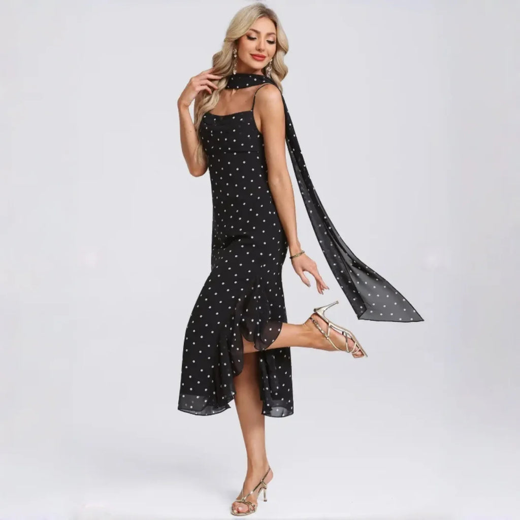 Bridgeport Polka Dot Chiffon Spaghetti Strap Square Neck Mermaid Ruffle Hem Dress