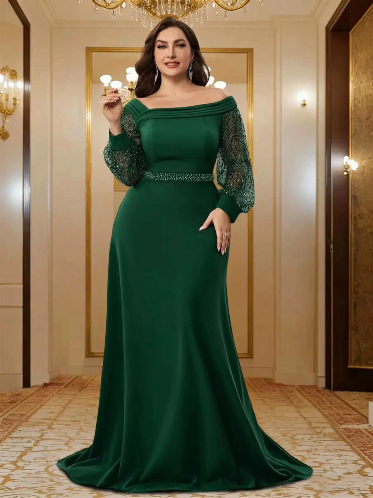 Santurce Plus Size Green Luxury Long Sleeves Formal Evening Dress