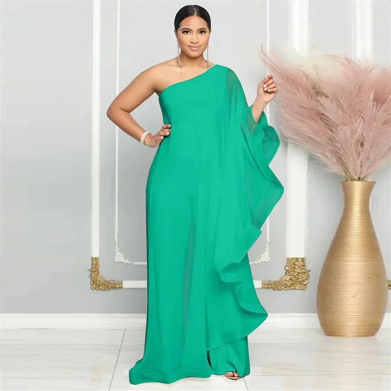 Oldwick Elegant Chiffon One Shoulder Wide Leg Jumpsuit