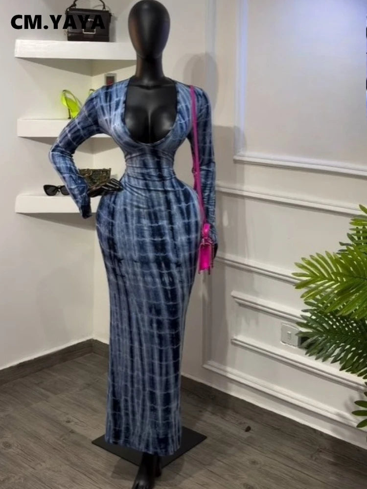 Tie Dye Printed V Neck Long Sleeve Bodycon Maxi Dress