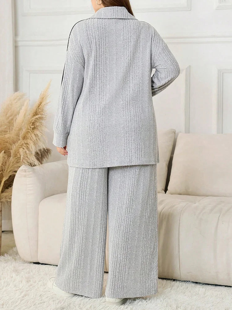 Ana Plus Size Open Collar Long Sleeve Rib-knit Two Piece Sets