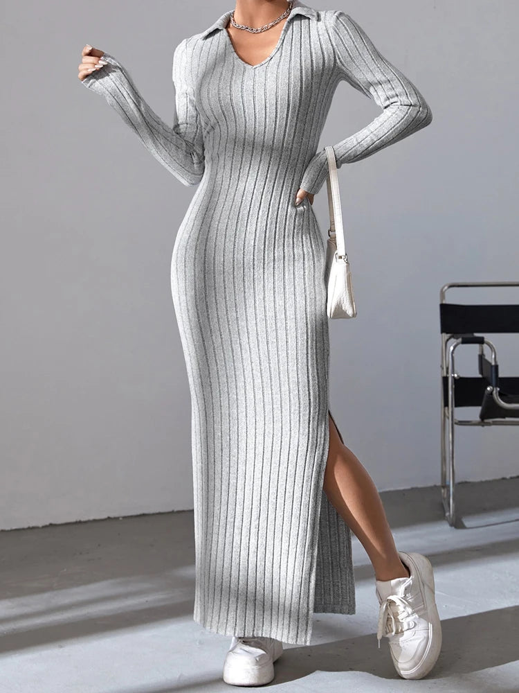 Virginia Knit V Neck Reverse Neck Split Falls Dress