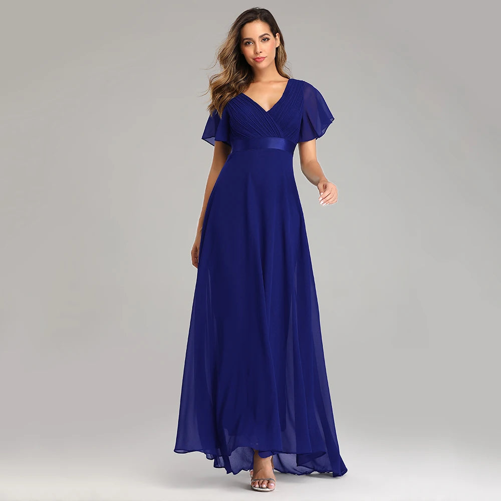 Kerney Elegant V Neck Ruffles Chiffon Formal Evening Gown Dress