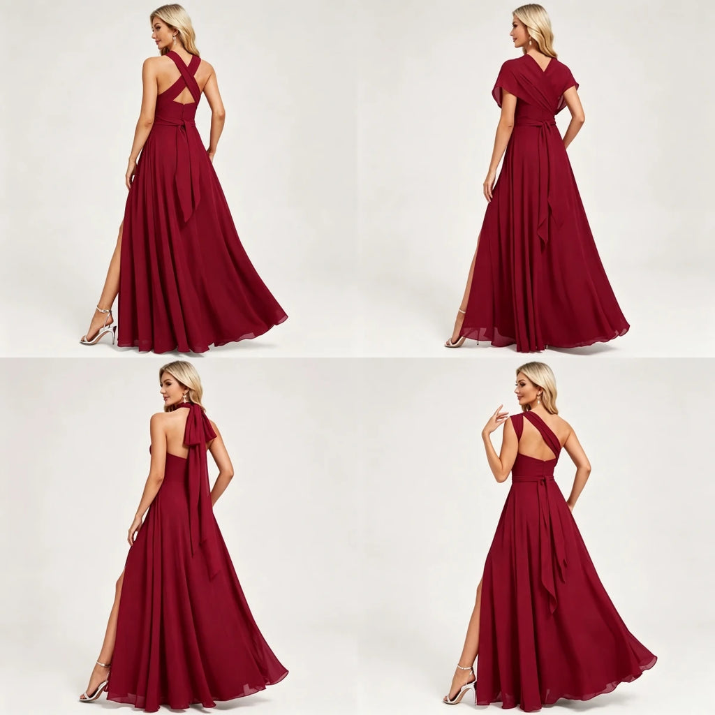 Montclair Multi Wrap Convertible Chiffon Long Bridesmaid Gown Front Split Dress