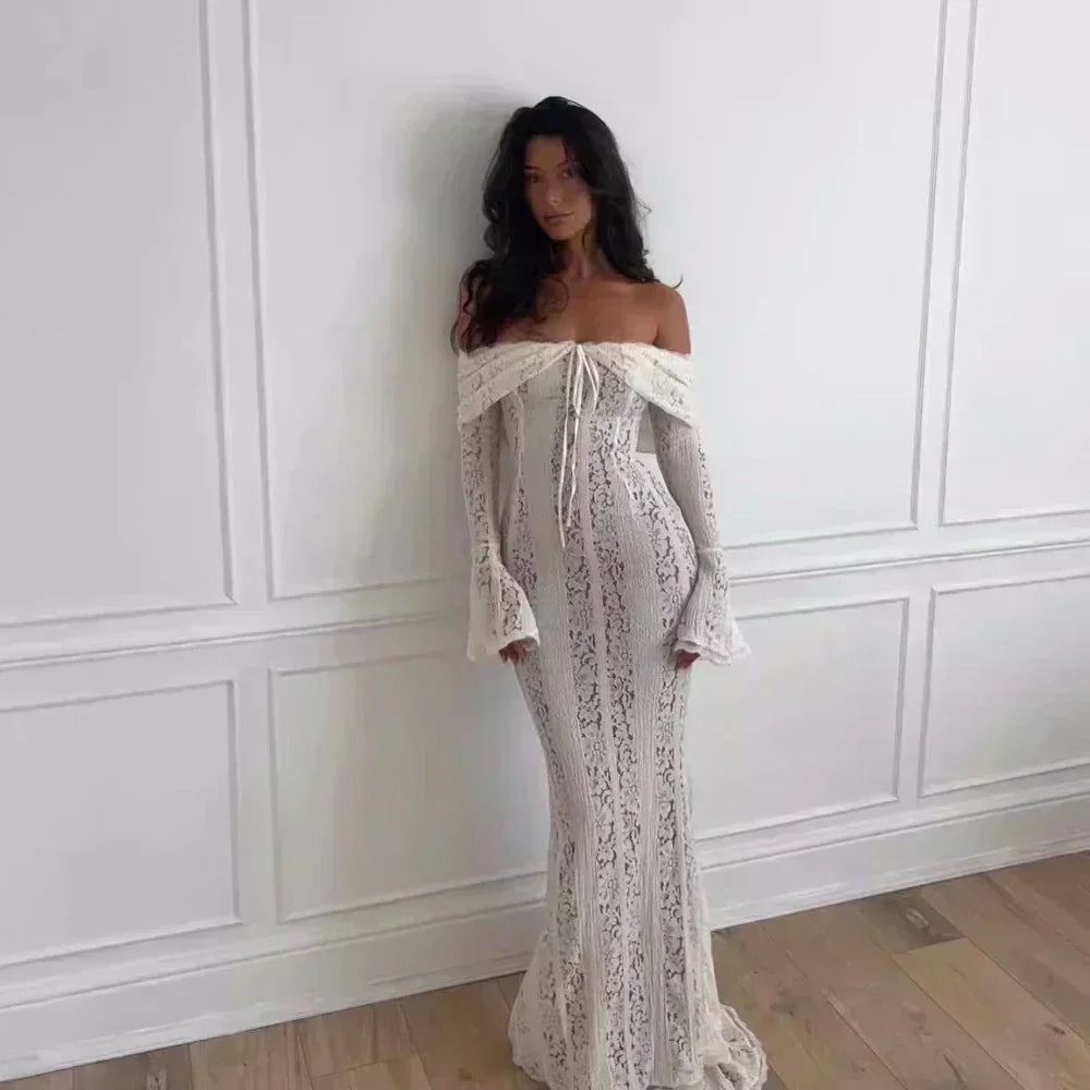 Grafton Suninheart White Evening Long Sleeve Lace Elegant Party Dress
