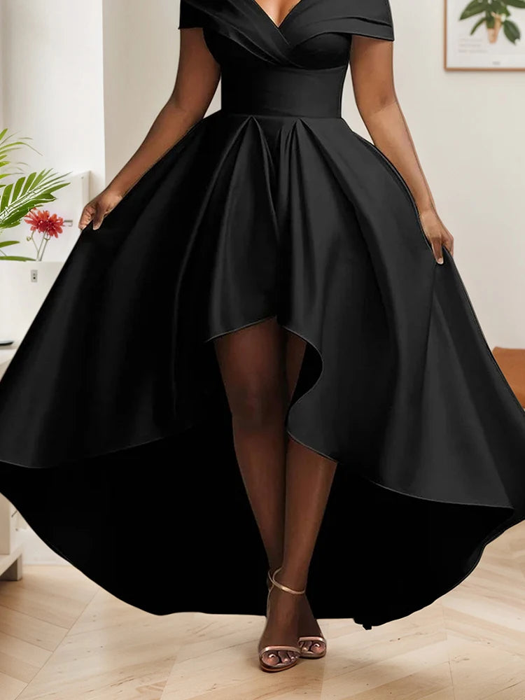 Noho Satin Off Shoulder Aysmmetry Hem Elegant Casual Short Sleeve Cocktail Maxi Dress