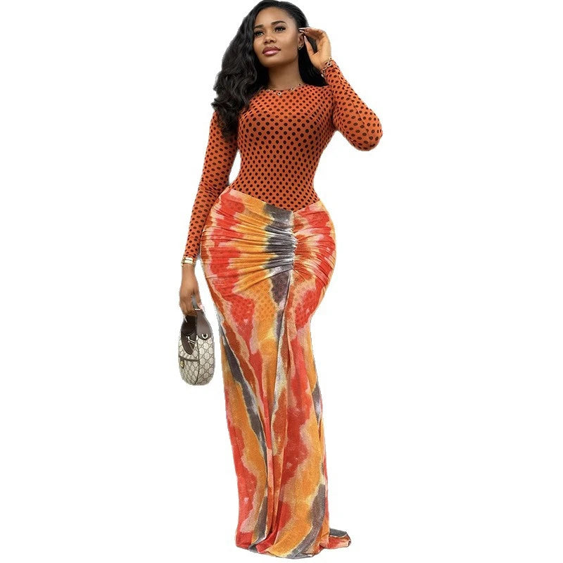 Slim Full Sleeve Dot Printed Mesh Patchwork Bodycon Long Dress