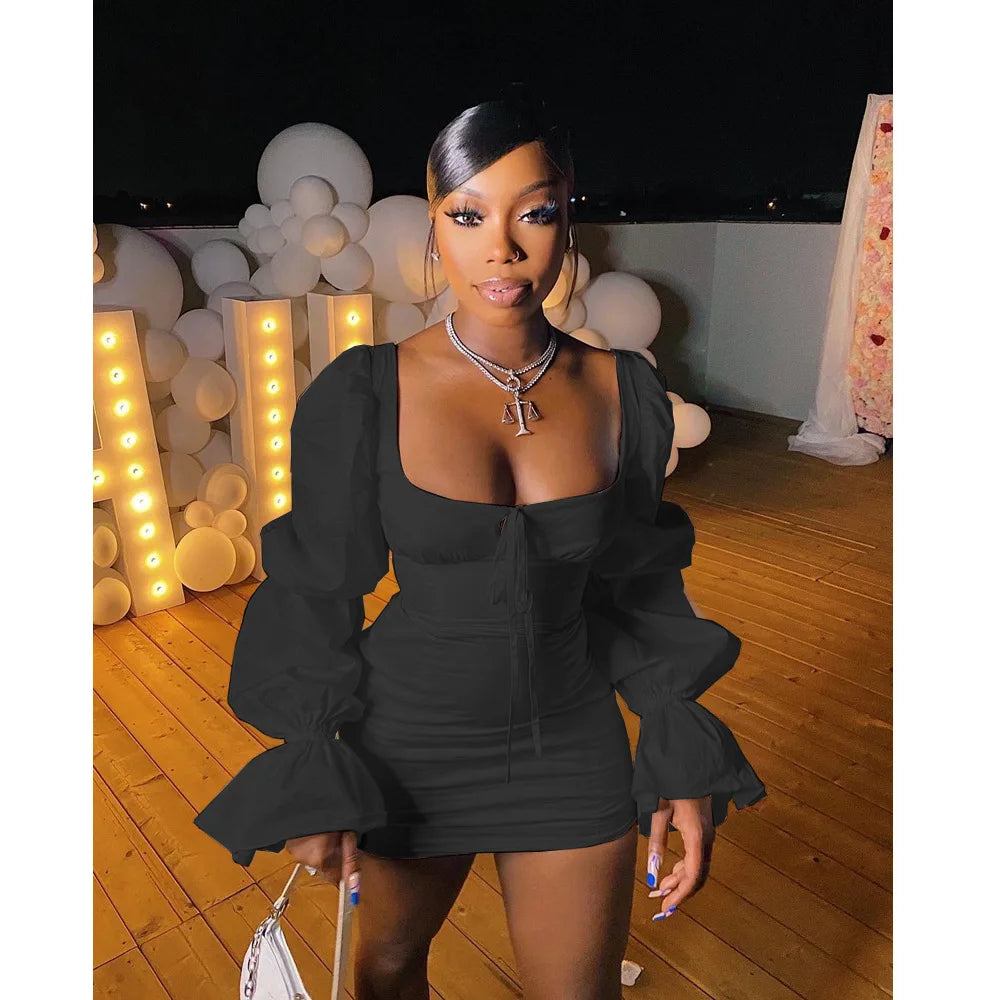 Bayonne Solid Full Puff Sleeve Square Collar Bandage Stretchy Bodycon Dresses