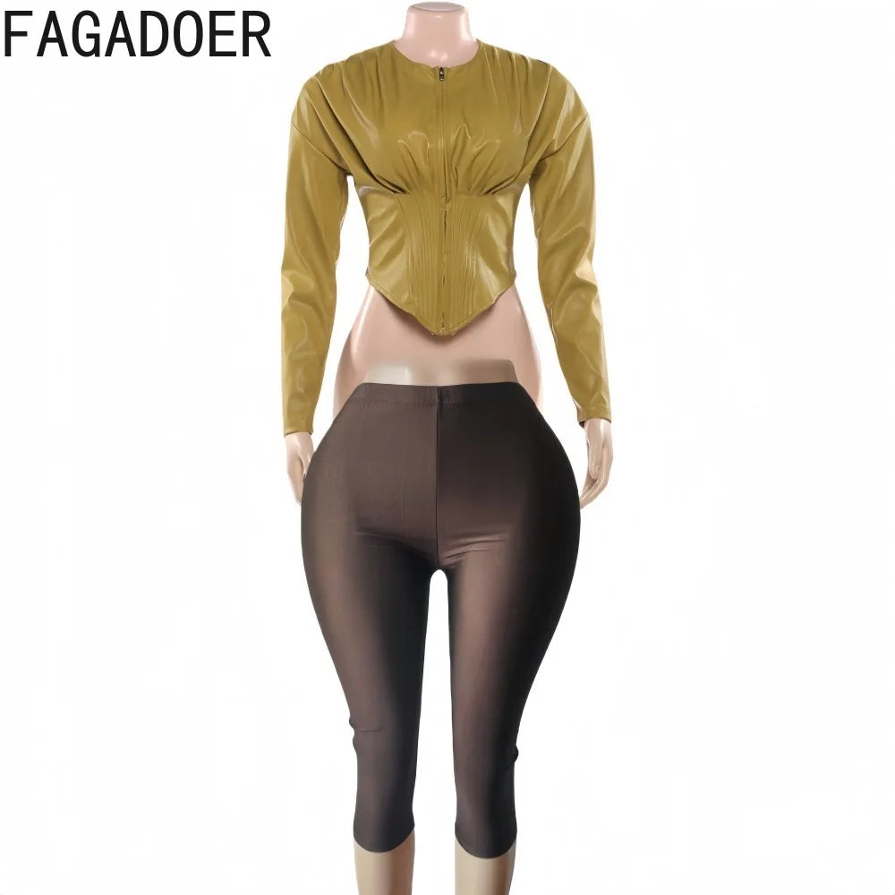 Ridgefield Solid Color Leather Patchwork Long Sleeves Crop Matching Set